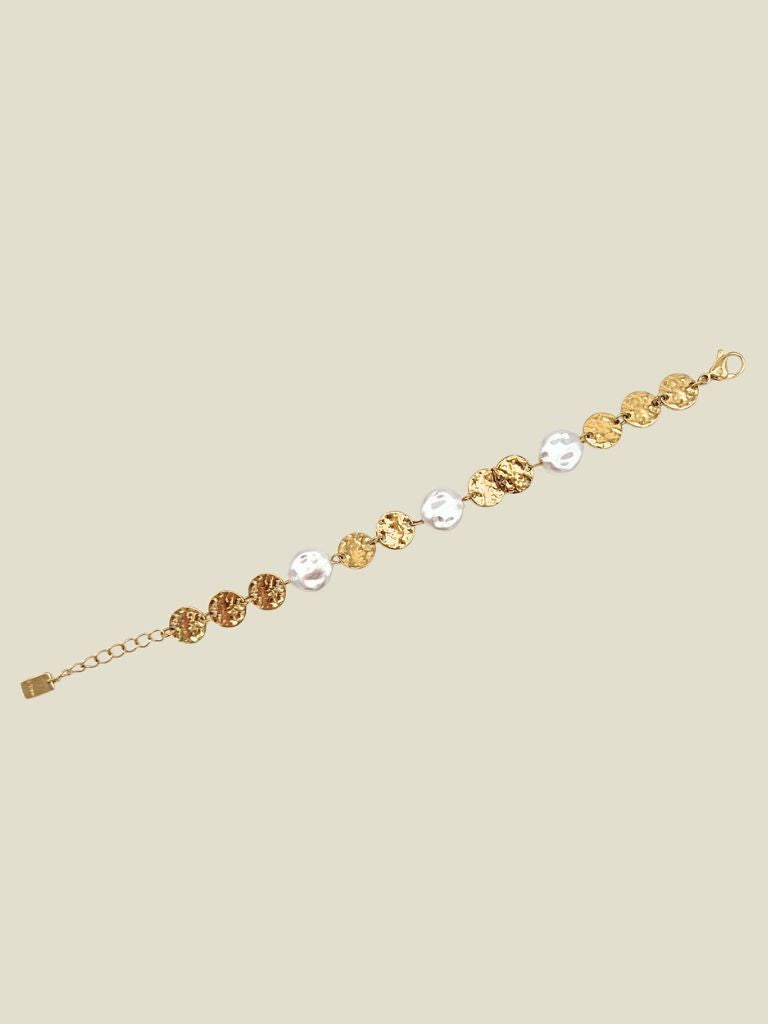 Bracelet Stamped Circles Pearl Gold