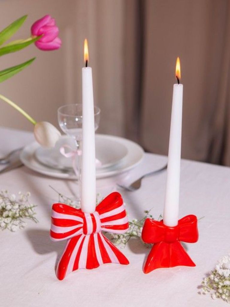 Candle Holder Bow Large Red Stripe