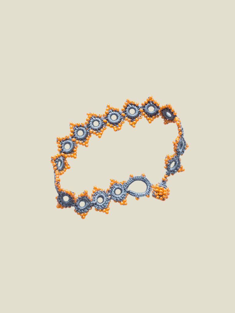 Crocheted Bracelet Daisy Greyish Blue Orange