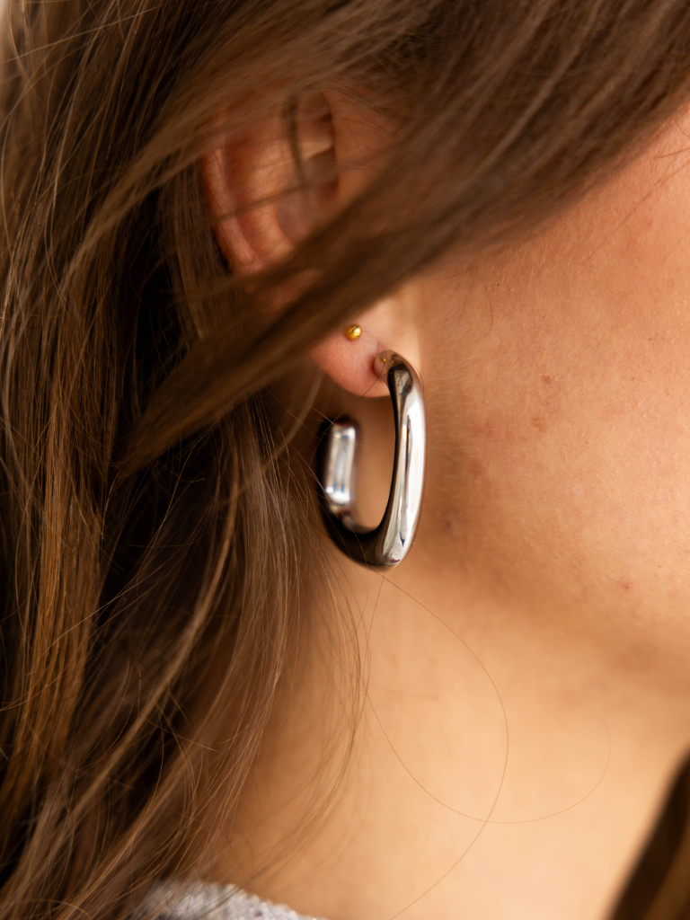 Funky Earrings (Set) Half Round Shaped Hoop Silver