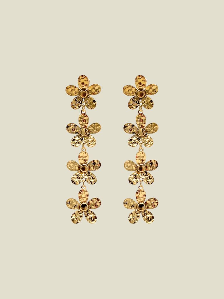 Funky Earrings (Set) 4 Flowers Long Gold