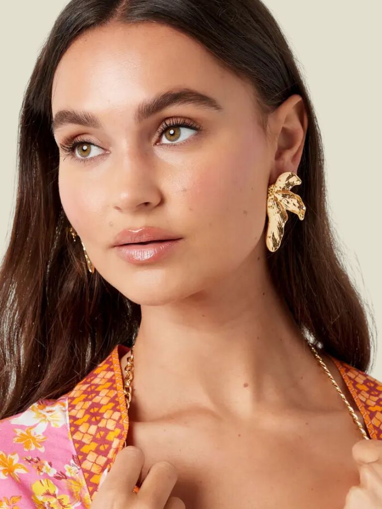 Funky Earrings (Set) Asymmetrical Flowers Gold