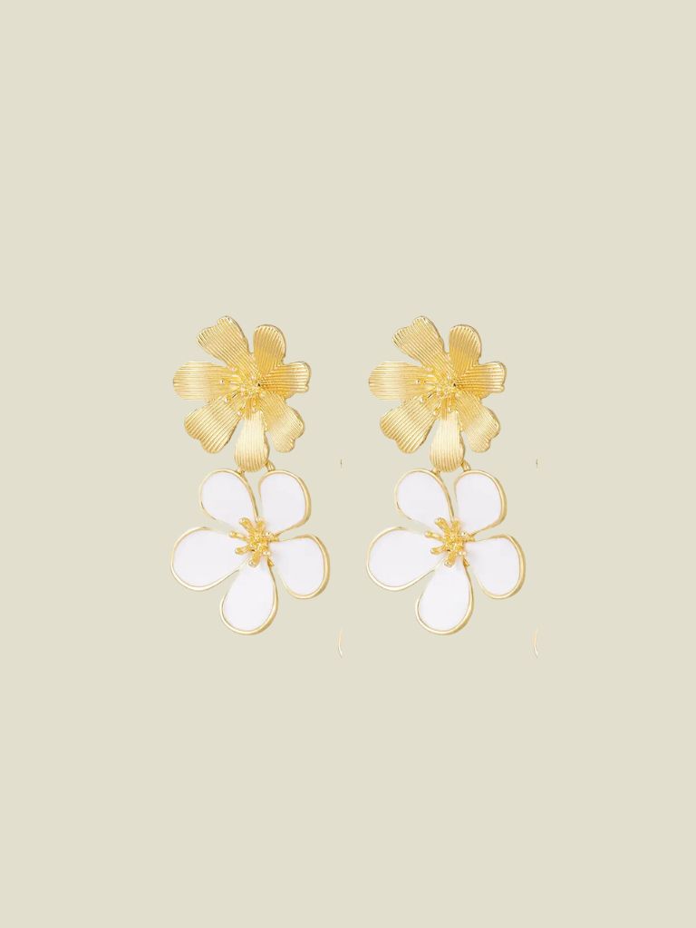 Funky Earrings (Set) Gold and White Flower