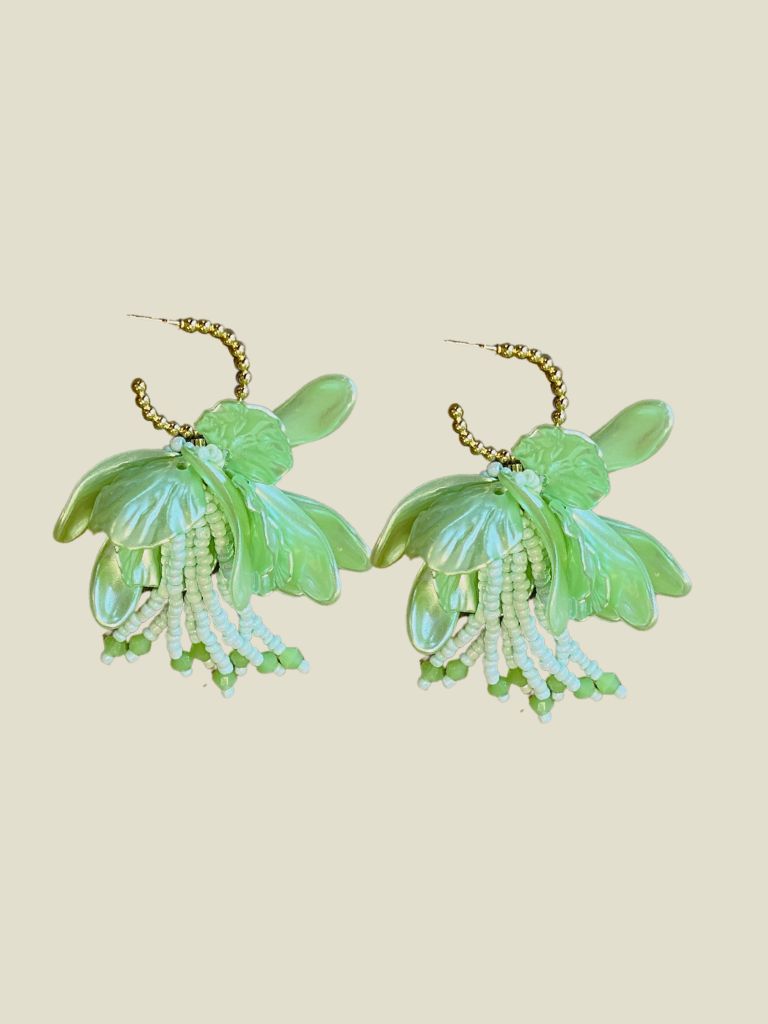 Funky Earrings (Set) Green Flower Beads