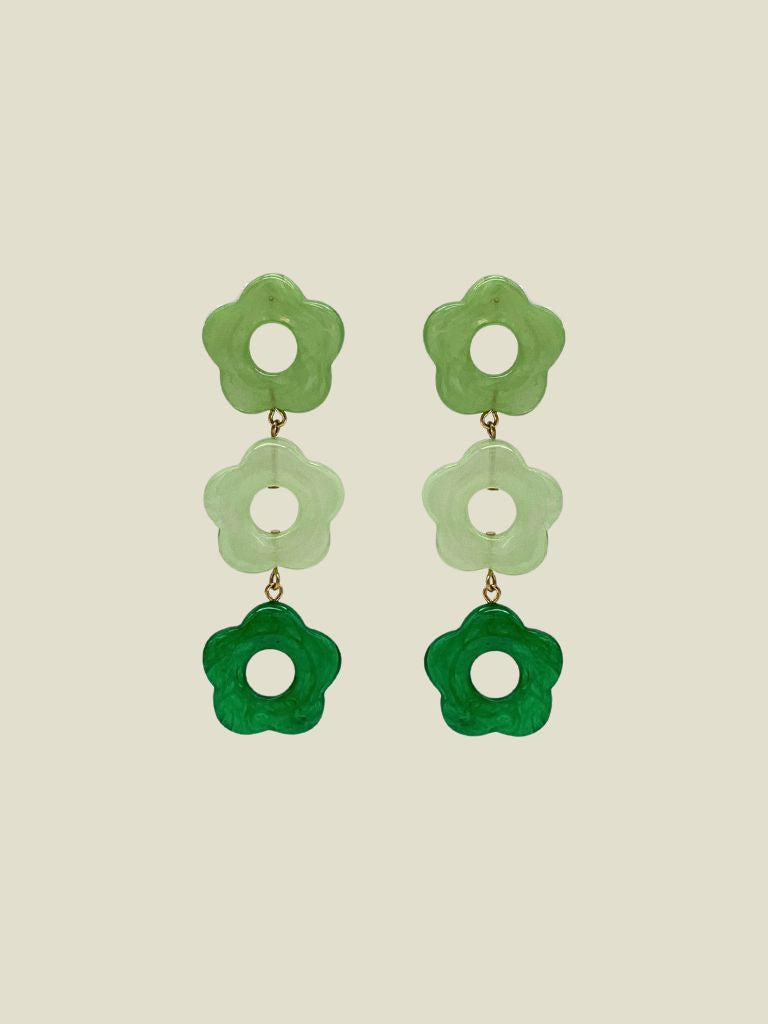 Funky Earrings (Set) Green Open Flowers
