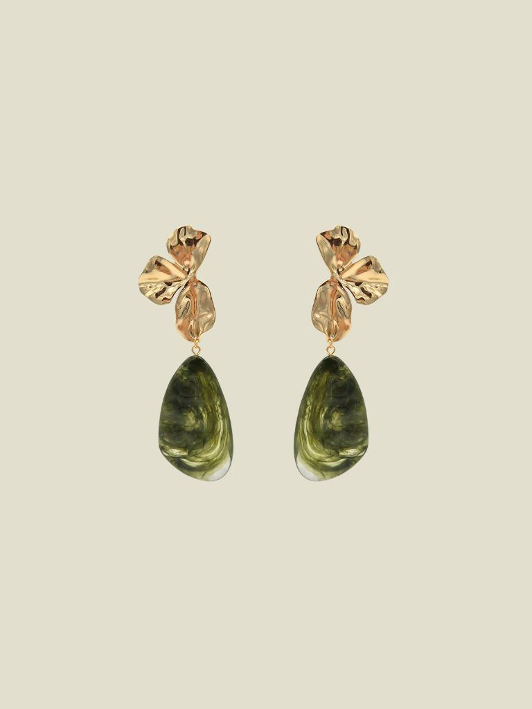 Funky Earrings (Set) Half Flower Green Stone
