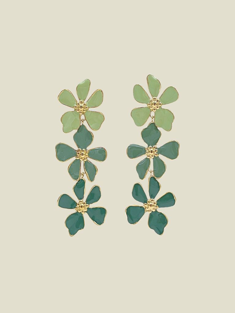 Funky Earrings (Set) Long Flowers Green