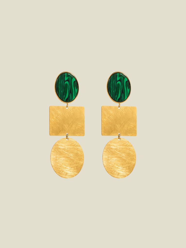 Funky Earrings (Set) Malachite Stone Gold