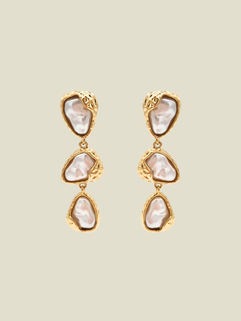 Funky Earrings (Set) Stamped Pearls Gold