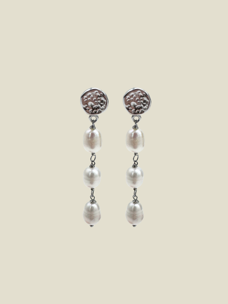 Funky Earrings (Set) Stamped Round Pearls Silver