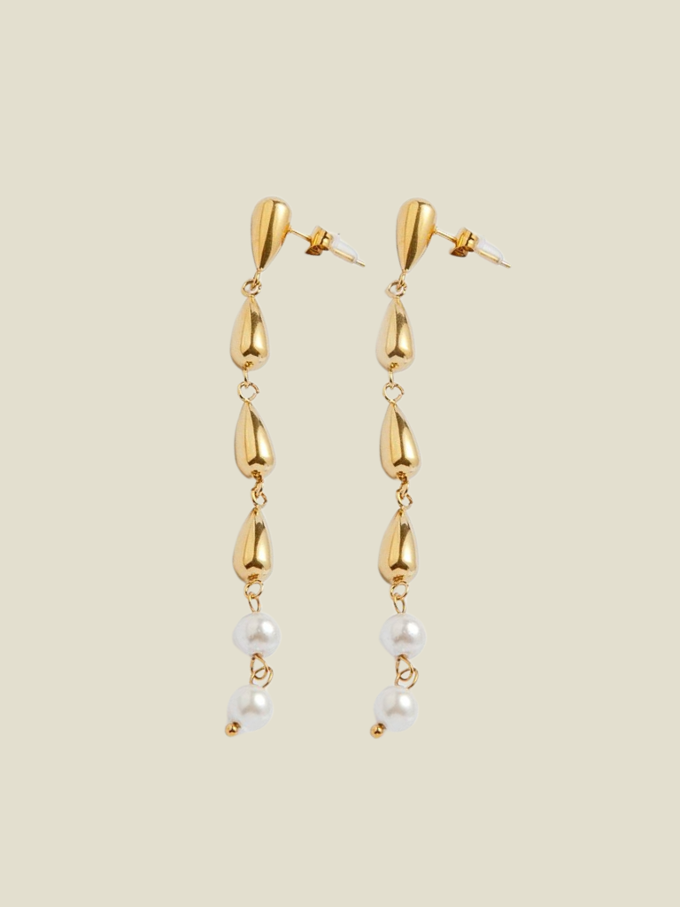 Funky Earrings (Set) Long Drops And Peals Gold