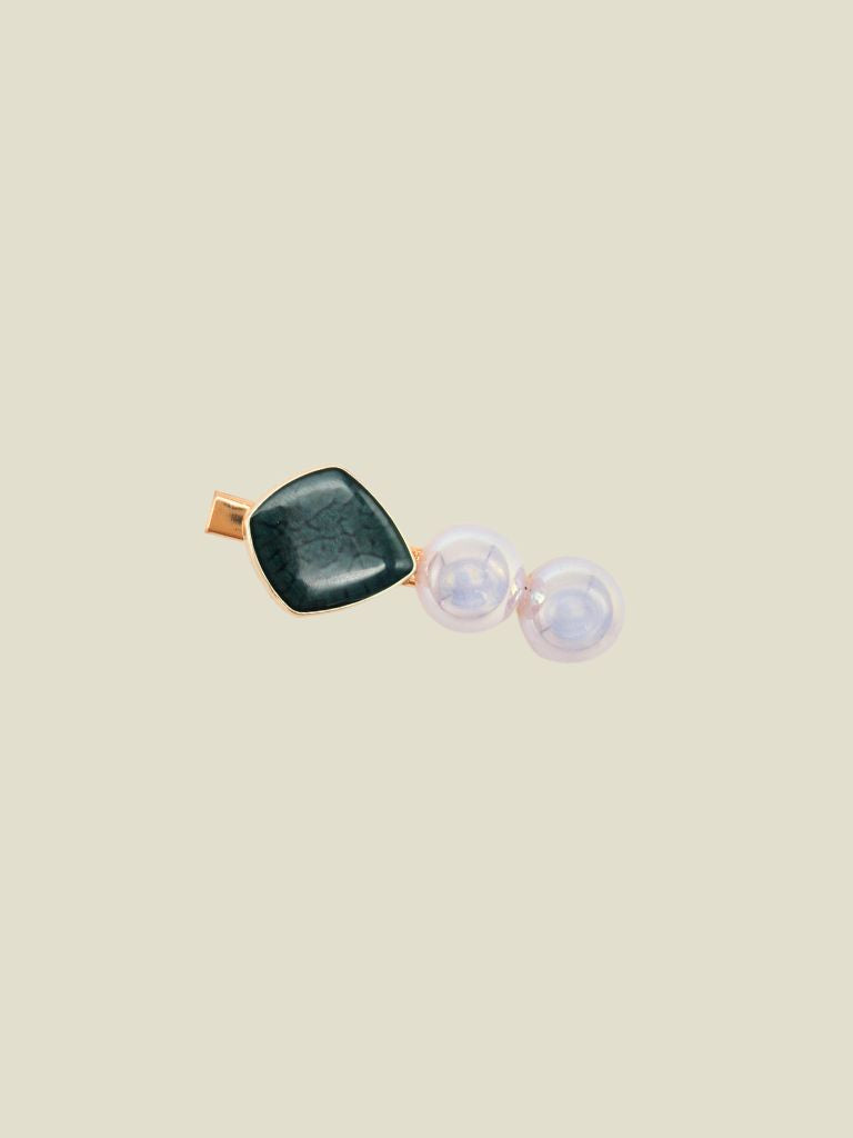 Hair Pin Two Pearls Green Stone