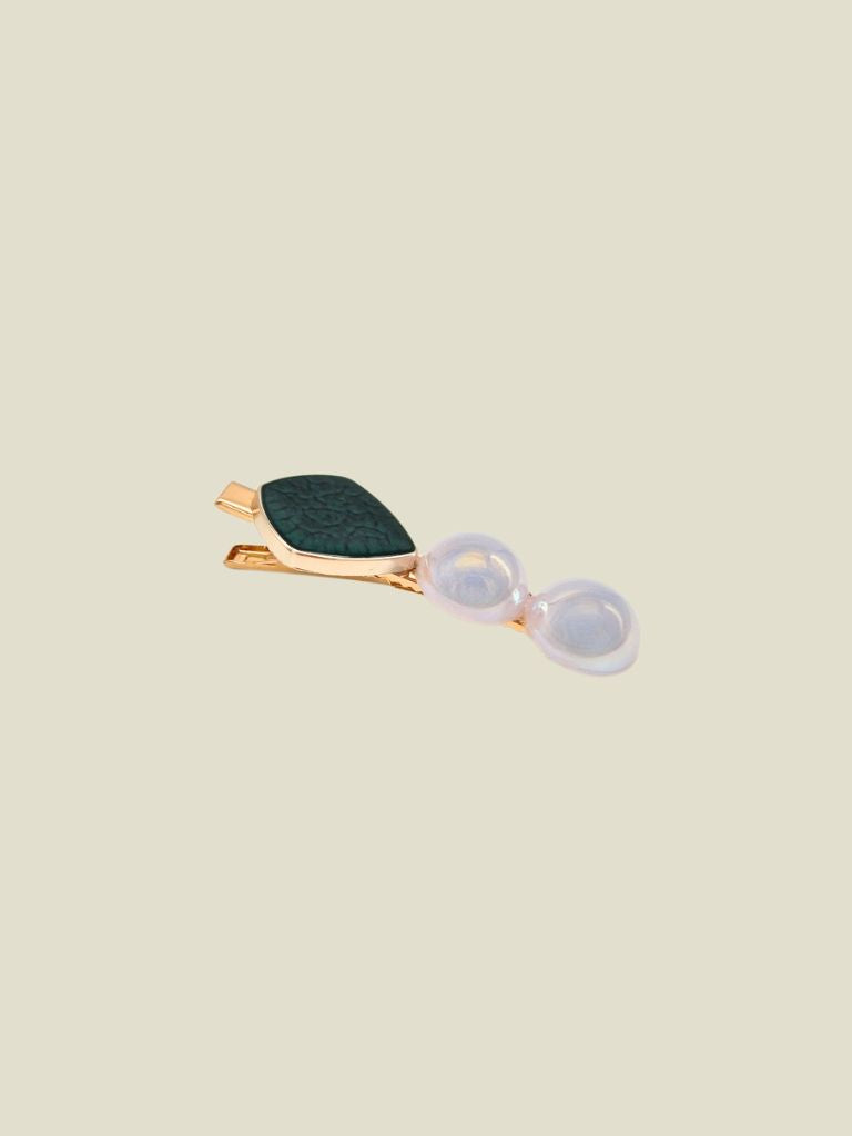 Hair Pin Two Pearls Green Stone