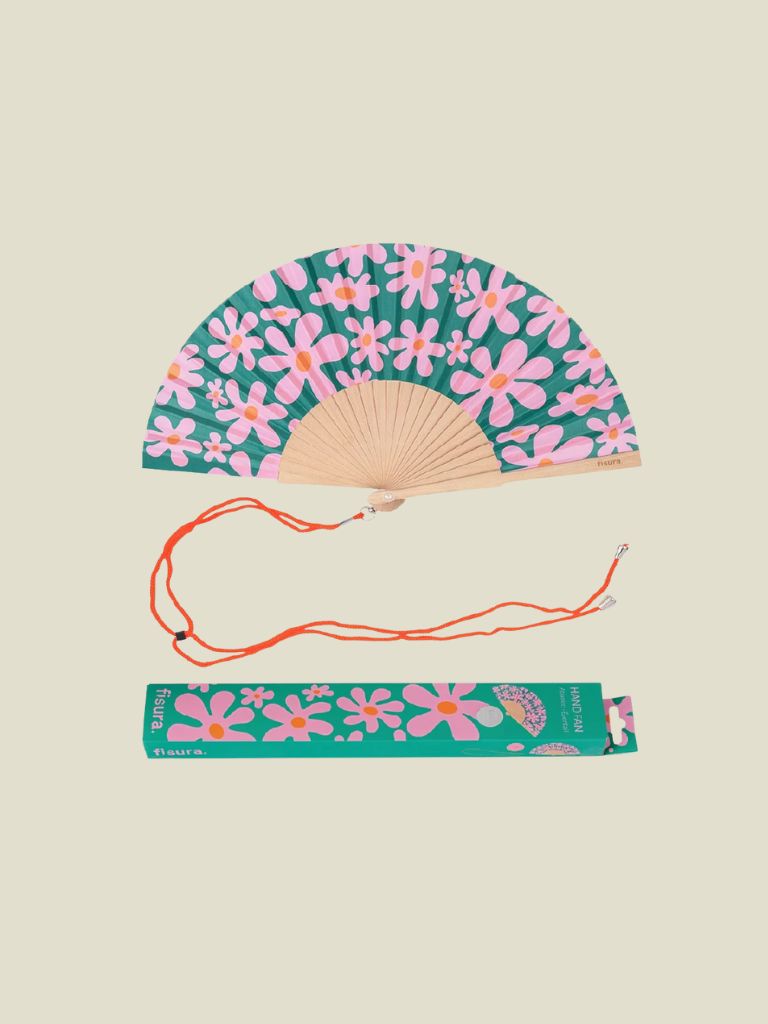 Hand Fan Pink Green Flowers