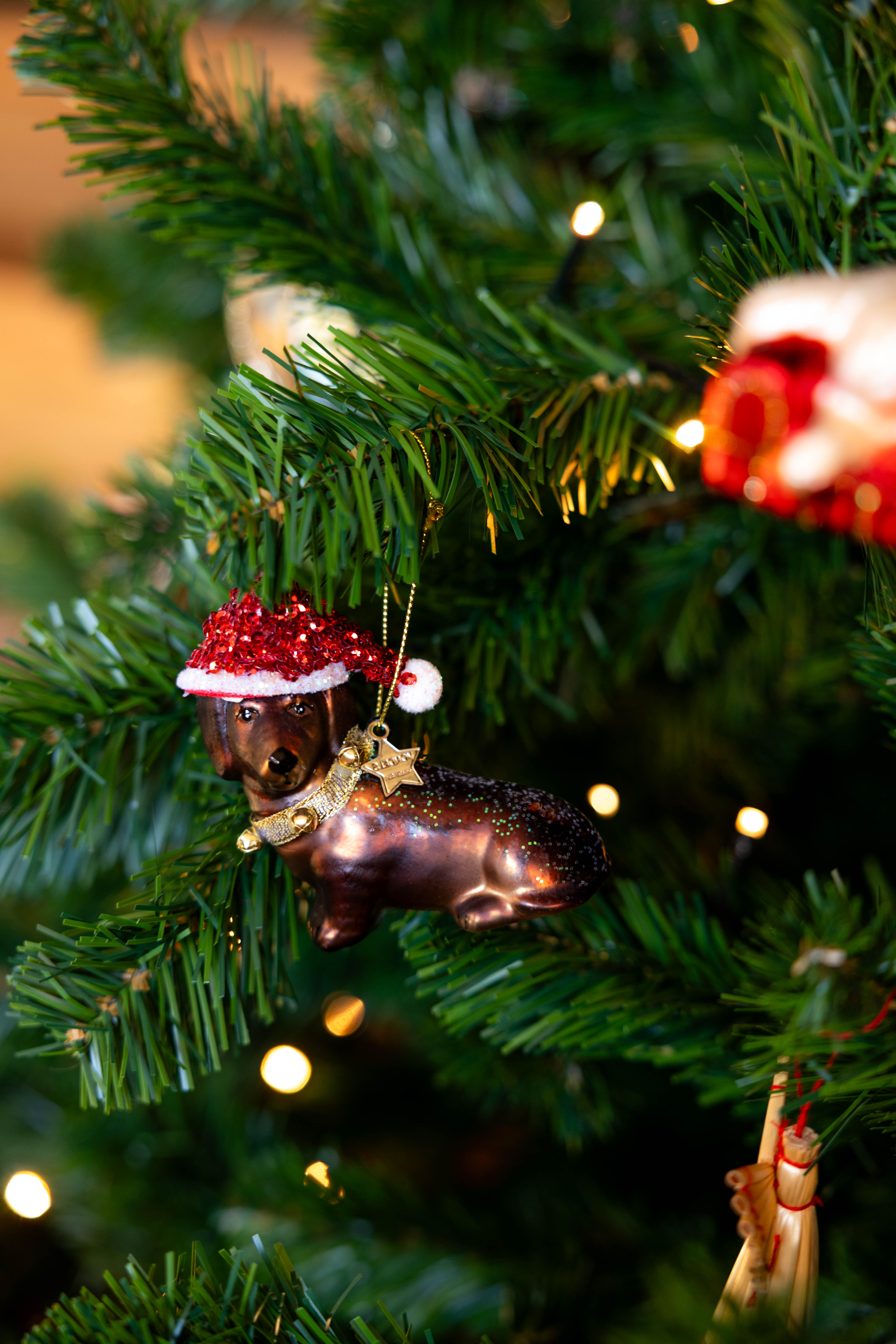 Glass Ornament Little Dachshund w/ Hat