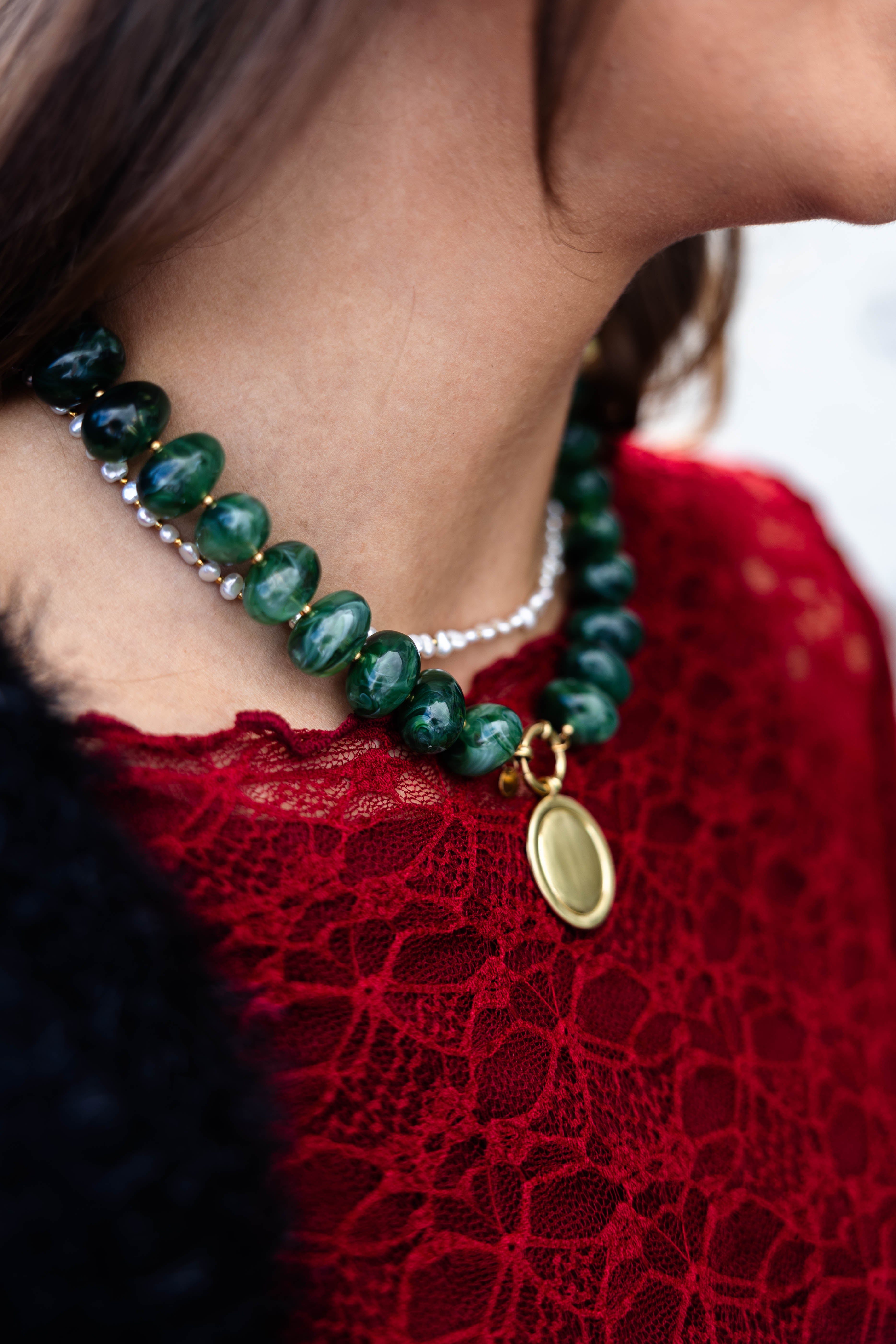 Necklace Big Resin Stones Green
