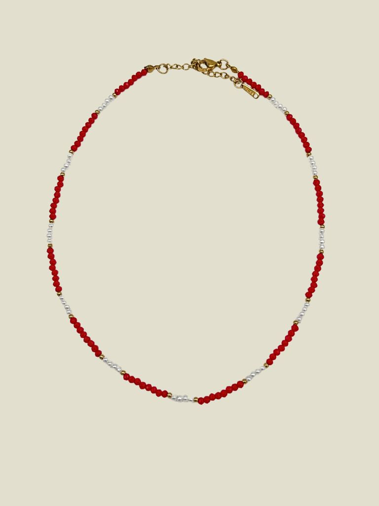 Necklace Red White Beads
