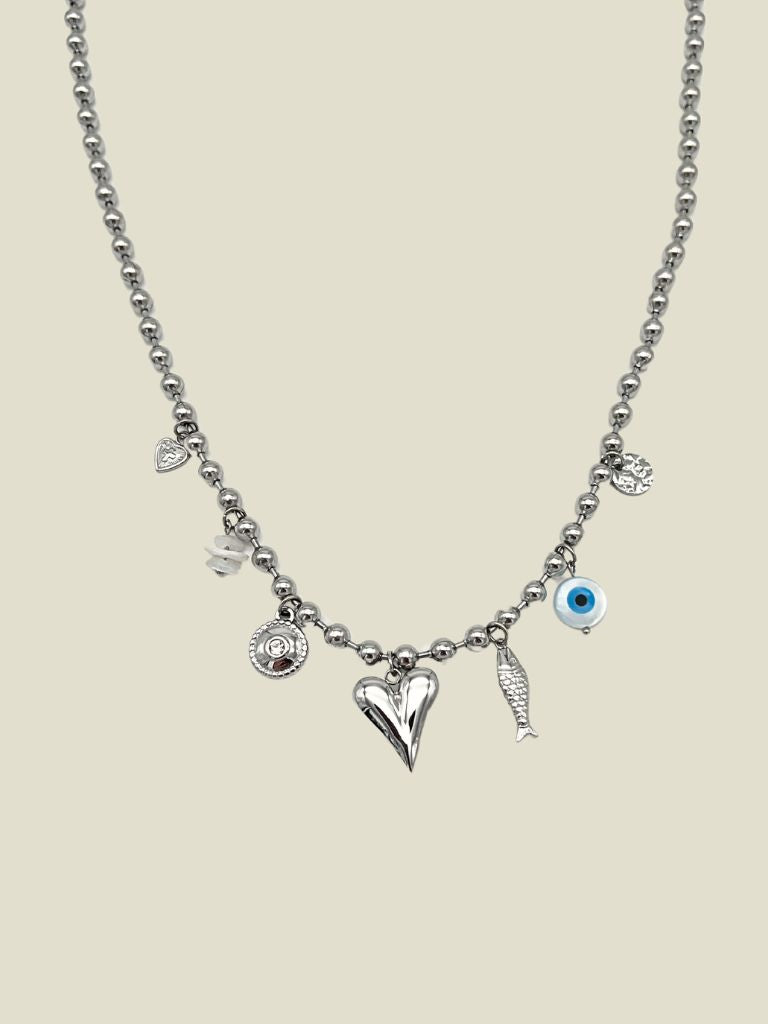 Necklace Round Beads Heart Silver