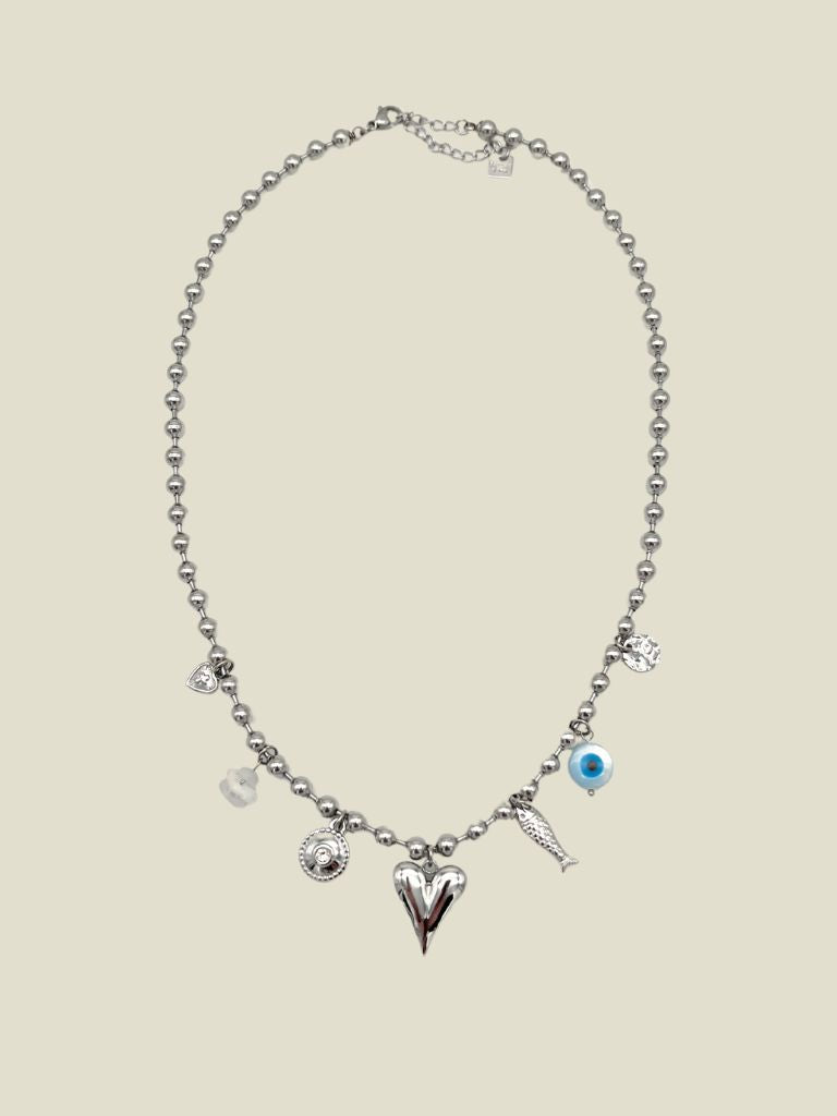 Necklace Round Beads Heart Silver