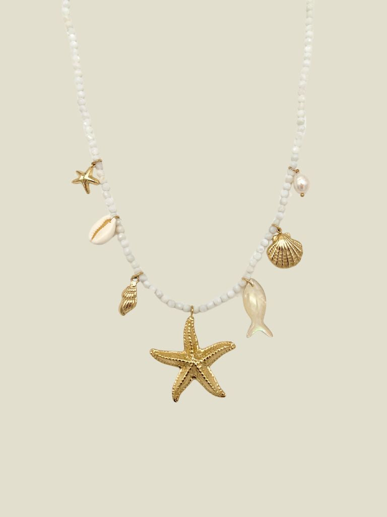 Necklace White Beads Gold Starfish