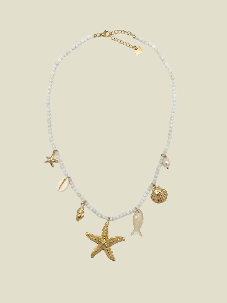 Necklace White Beads Gold Starfish
