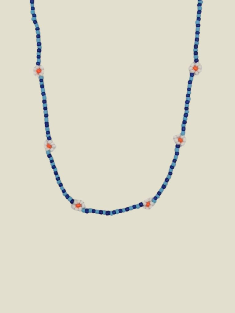 Necklace White Blue Flower Beads