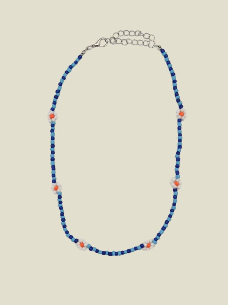 Necklace White Blue Flower Beads