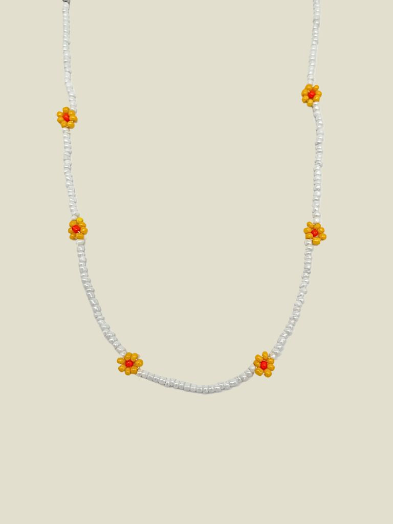 Necklace Yellow Daisy White Beads