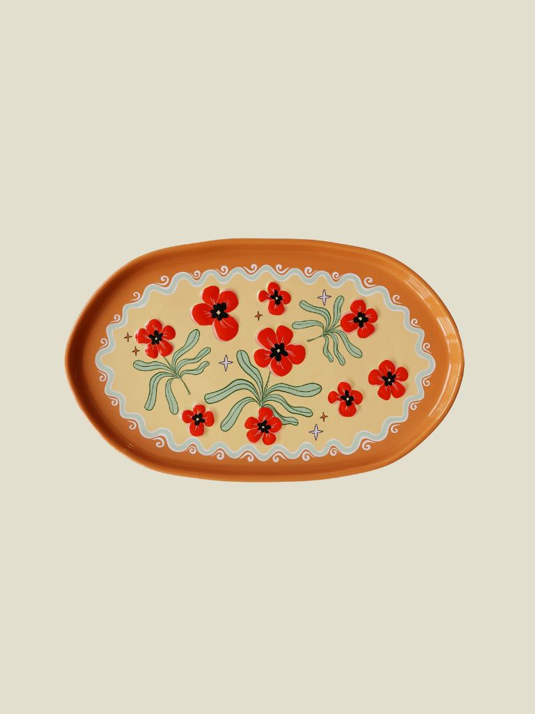 Plate Oval Orange Flowers