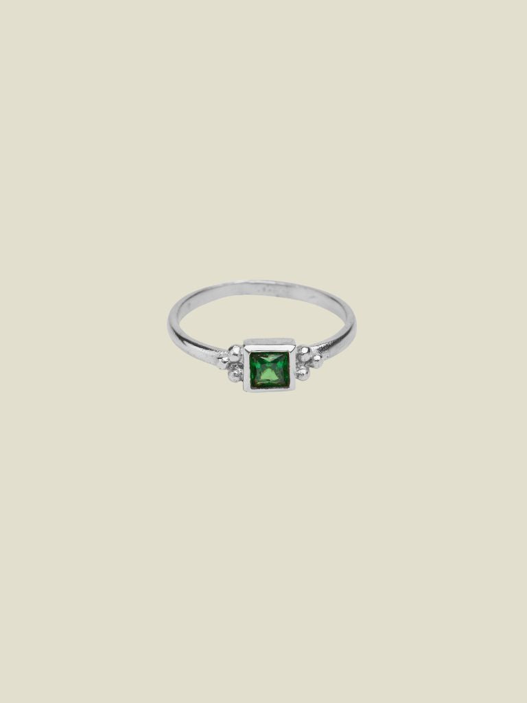 Ring Square Triple Dot Green Silver
