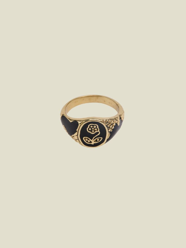 Ring Vintage Black Resin Flower Gold