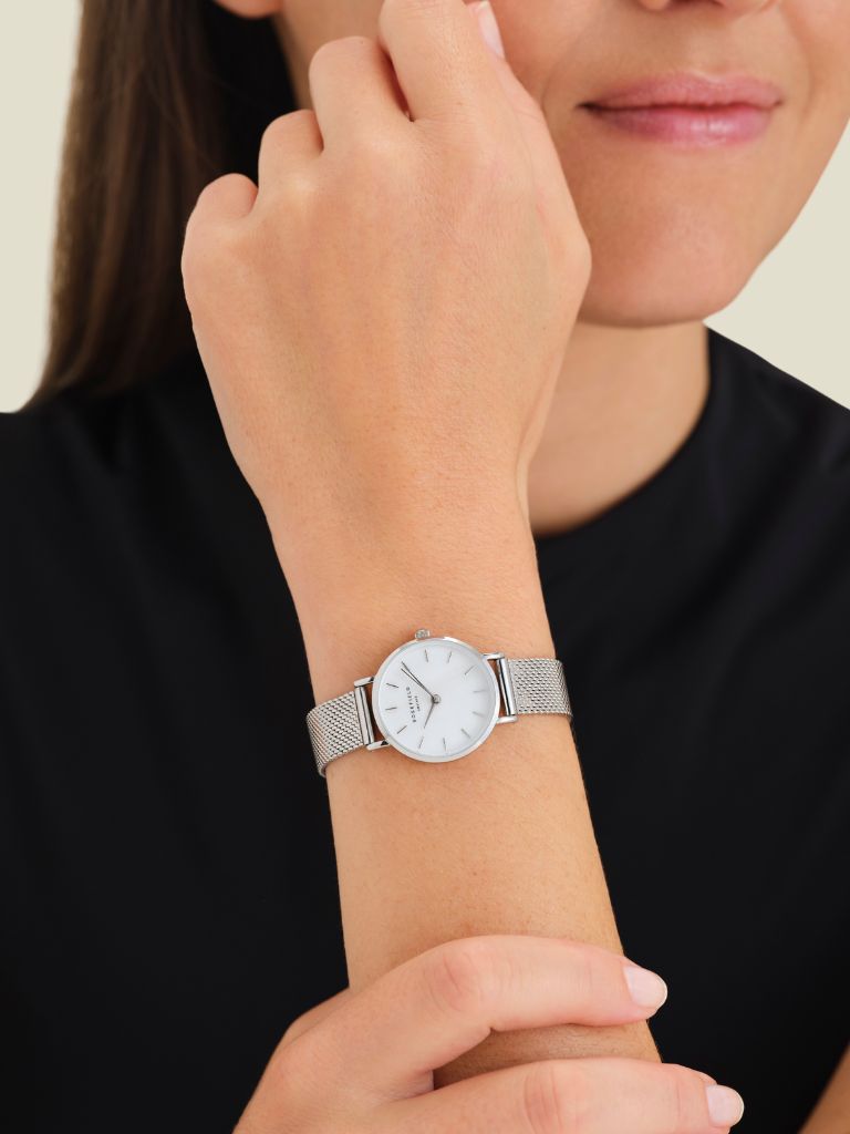 Watch Small White Pearl Mesh Silver