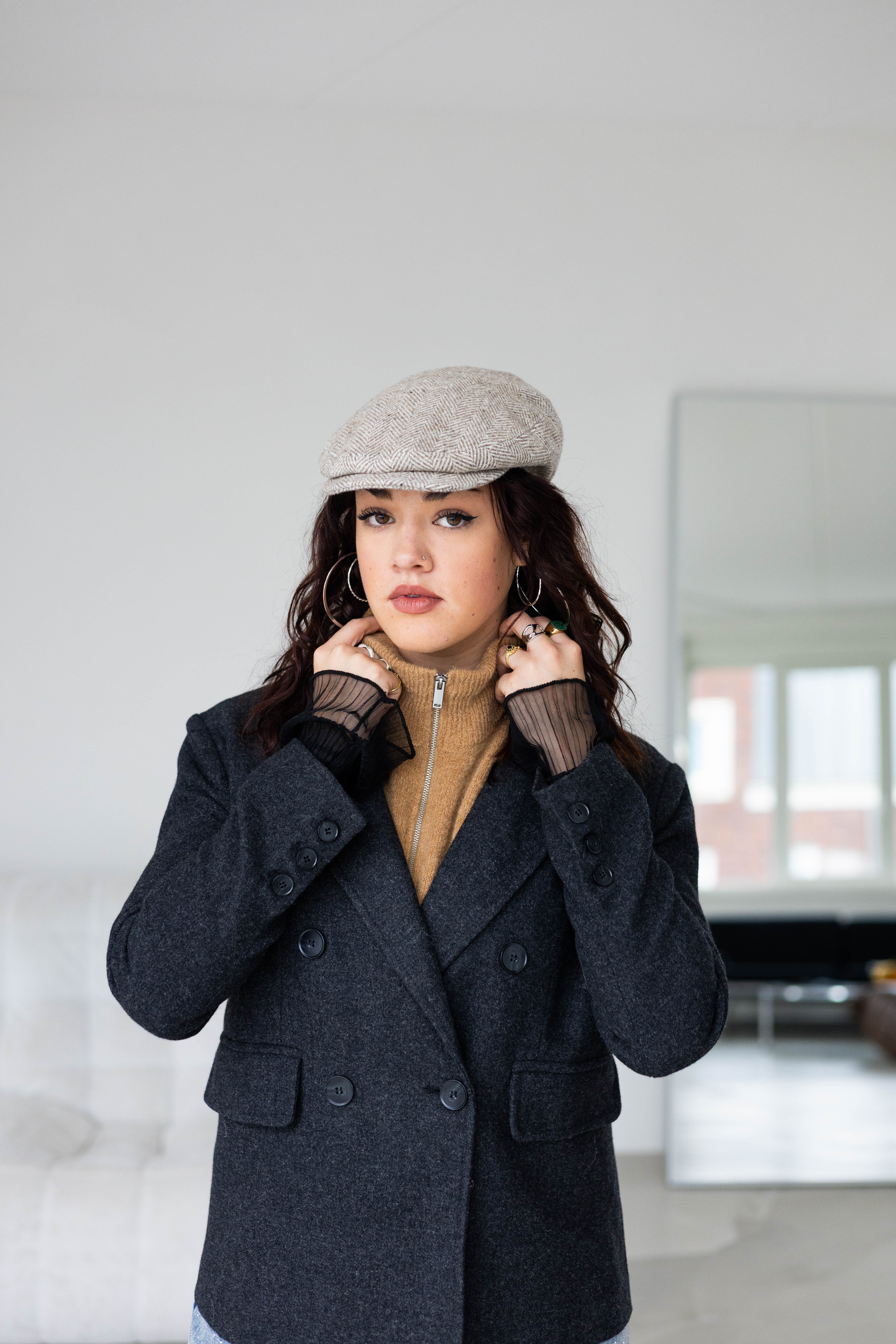 Flat Cap Herringbone Wool Beige