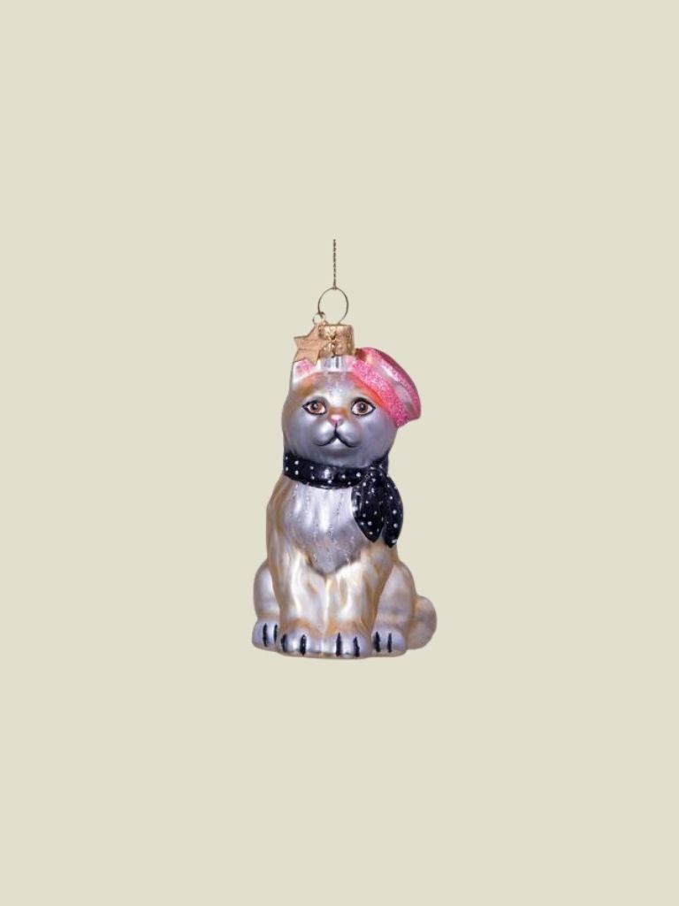 Glass Ornament Cat with Barret and Scarf