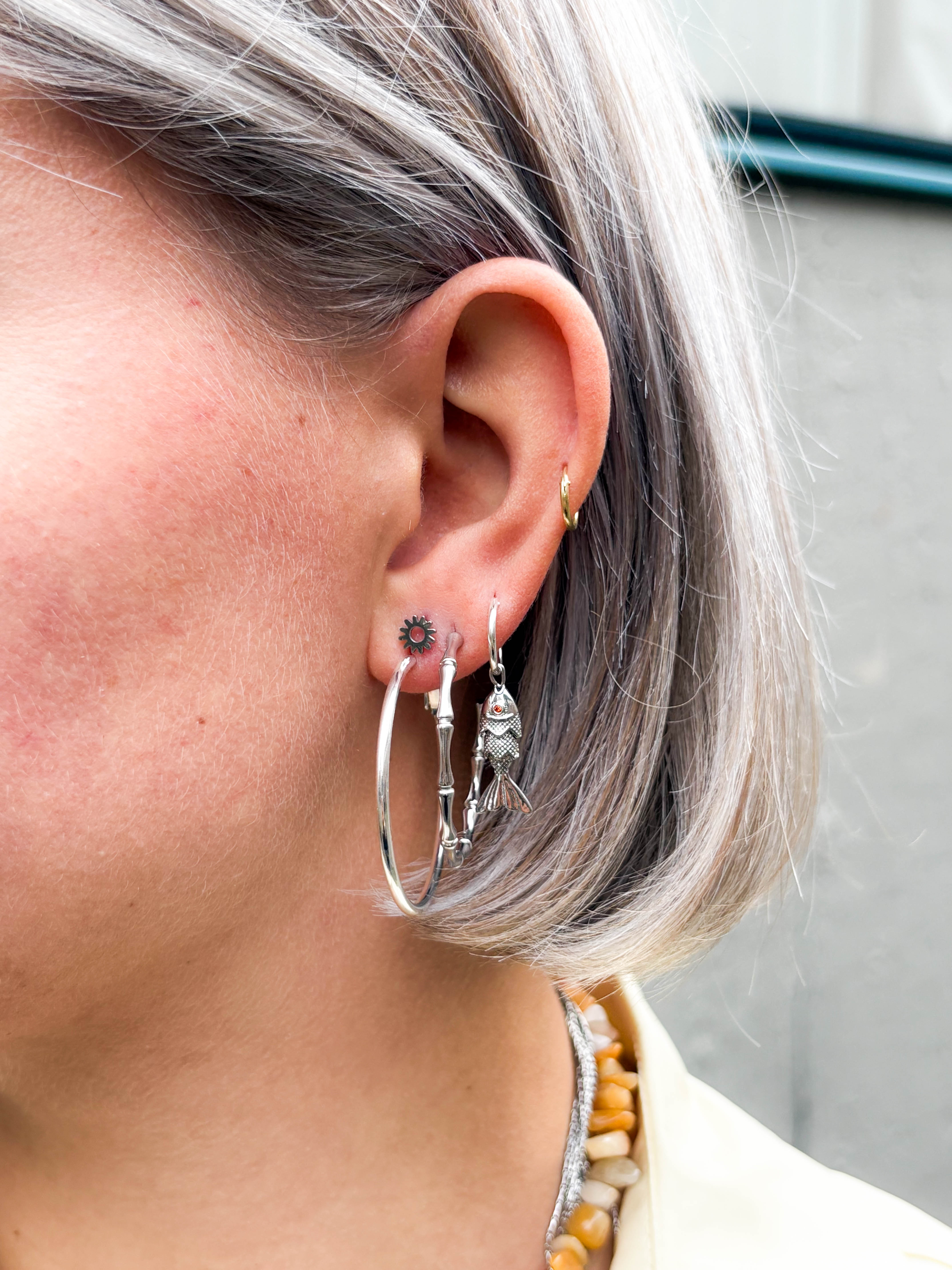 Funky Earrings (Set) Narrow Bamboo Hoops Silver