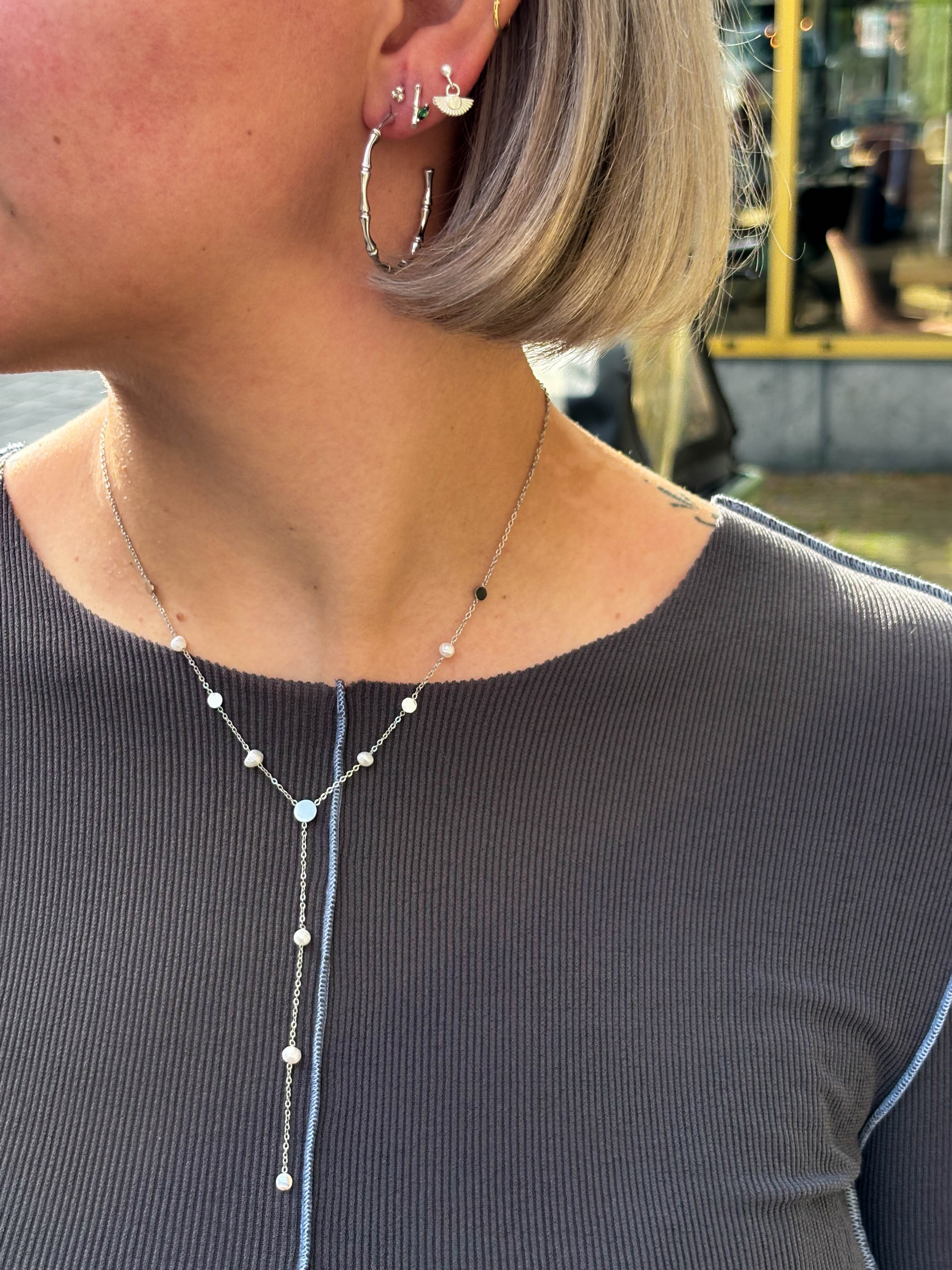 Necklace Round Pearls Long Silver